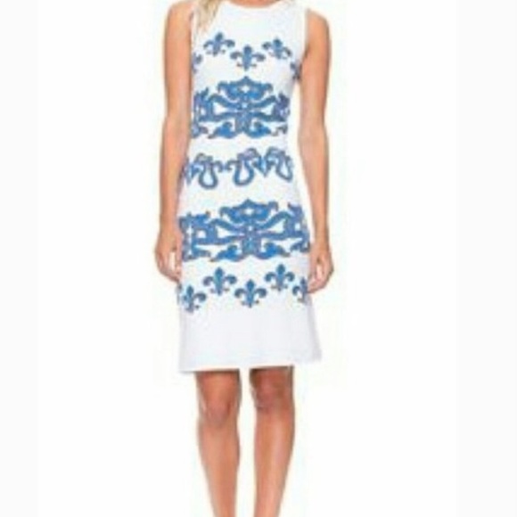 J. McLaughlin Sophia Dress Byzantium Fleur De Lis Size Medium White Blue - Picture 7 of 7